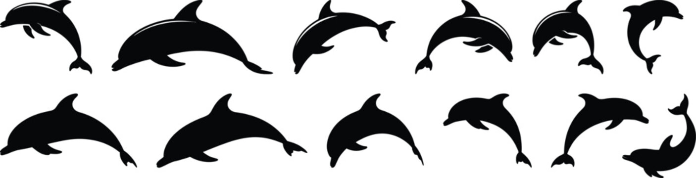 A large collection of twelve dynamic dolphin silhouette vector icons showing the marine animal jumping and swimming in the ocean.