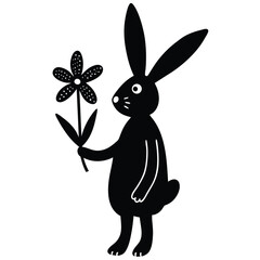 Cute black bunny holding a stylized flower with dots on white background