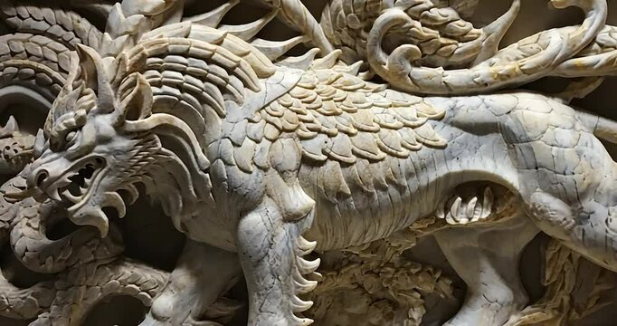 Ornate carved stone dragon with intertwined serpents