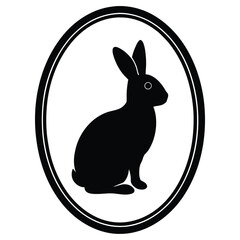 Simple black silhouette of a rabbit sitting inside an oval frame