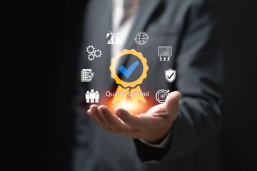 Quality control of the Global standard system concept, Businessman show standards guarantees and...