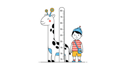 Fototapeta premium Cute cartoon boy and giraffe growth chart measuring height alongside ruler for kids development