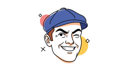 Obraz premium A cartoon man with a blue cap winking and smiling with colorful circles and lines decoration