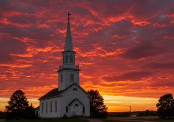 Fototapeta premium A white church stands silhouetted against a fiery sunset sky