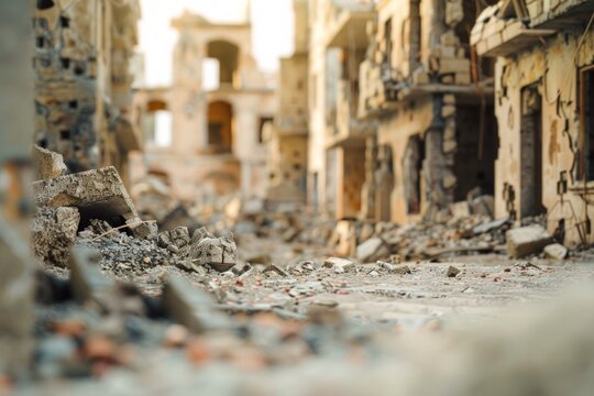 Many destroyed buildings in brown landscape after war times. Neural network ai generated