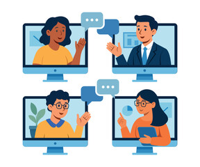 People communicated through video call screens, which represented remote business meetings