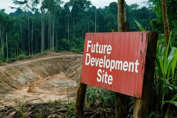 Sign Indicating Future Development Site in Lush Green Forest Area