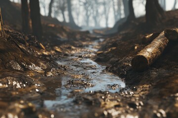 Obraz premium Serene Stream in Dense Forest with Soft Morning Light and Mist