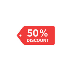red 50% discount tag on white background