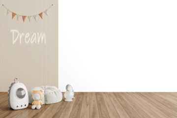 Transparent Background PNG Nursery Corner Mockup with Dream Wall Text and Toys – Interior Scene Generator