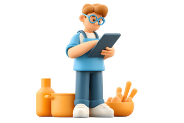 3D Cartoon Chef with Tablet Preparing Meal Ingredients on transparent background