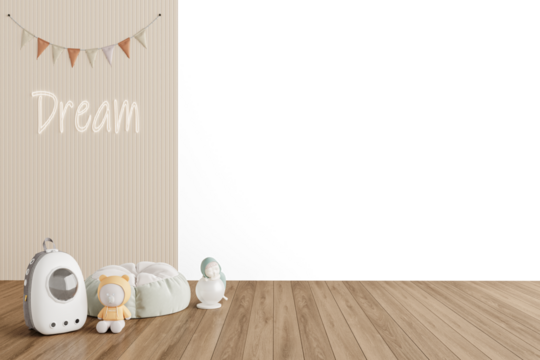 Transparent Background PNG Nursery Corner Mockup with Dream Wall Text and Toys – Interior Scene Generator