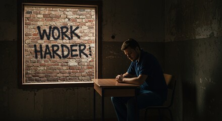Young man sits alone at a desk, contemplating a brick wall inscribed with the words "Work Harder," a poignant image of pressure and ambition.