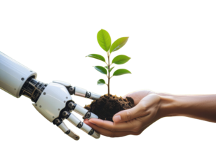 AI robot and human hand exchanging green tree sapling symbolizing harmony between technology and nature isolated on white background