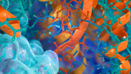Abstract colorful 3D rendering of molecular and biochemical structures, symbolizing biotechnology and chemistry.