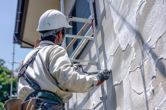 足場の上で外壁塗装を行う日本人作業員の後ろ姿