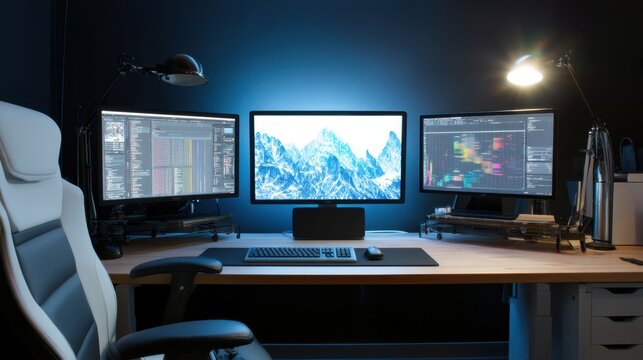 Modern home office setup with three monitors and ambient lighting