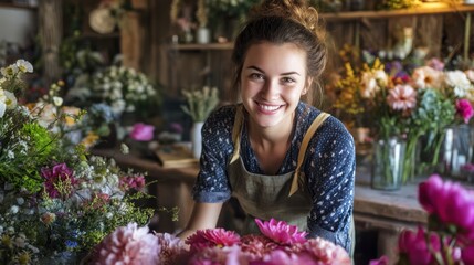Young smiling florist amidst vibrant flower arrangements in a rustic workshop