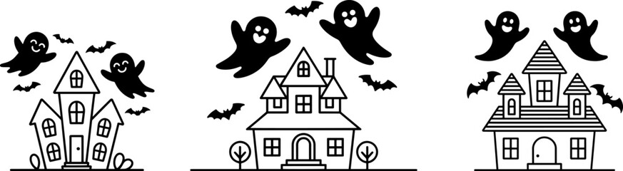 Set of haunted houses with flying ghosts and bats. Halloween vector