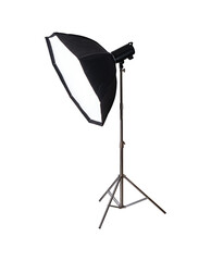 Studio flash with softbox on stainless steel tripod isolated.