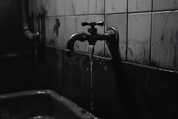 Vintage Tap with Water Flowing in a Dimly Lit Industrial Space