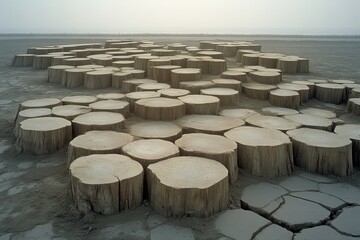 Tranquil Landscape of Tree Stumps on an Expansive Dry Ground