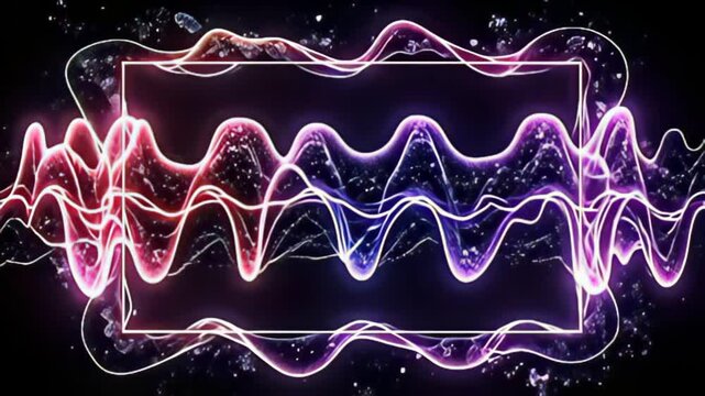Digital glitch Border Frame pulsing in wave patterns oscillates calmly amid a cascade of shimmering colors that reflect off its edges, creating a multidimensional effect, inviting users to