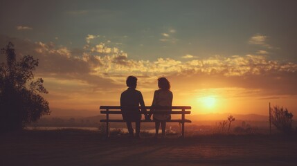 Couple sitting on a bench enjoying a stunning sunset view