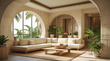 Obraz premium Ultra realistic photograph of a modern, Bali-inspired, low-ceilinged, small apartment interior, featuring creamy white stone walls, floors, and accents, 