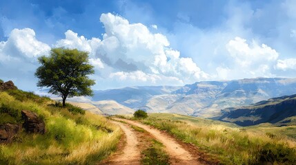 A winding dirt path runs through a grassy hillside with a lone tree under a bright blue sky filled with fluffy white clouds.