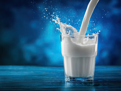 Fresh milk pouring into a clear glass with splashes against vibrant blue background