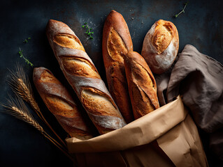 Freshly Baked Baguettes in a Paper Bag Against a Dark Background, view is from the top