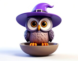 3D owl icon with witch hat sitting on a bowl rim, adorable Halloween theme, clean white or blurry backdrop