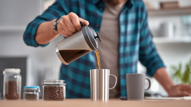 Man pouring fresh coffee into a mug in a modern kitchen setting