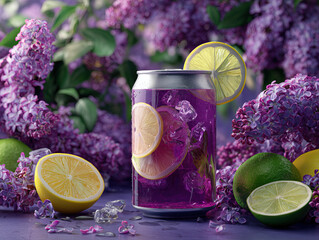 homemade violet lemonade can on a garden background, refreshing purple summer drink with lemon on nature flower background