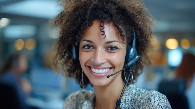 Cheerful customer service representative wearing a headset in a bustling office environment