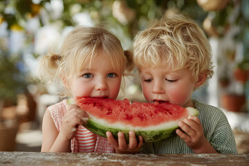 Two kids eating one slice of watermelon in the garden. Kids eat fruit outdoors. Healthy snack for children. 2 years old girl and boy enjoying watermelon.