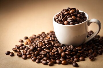 Obraz premium A white cup brimming with dark roasted coffee beans sits on a bed of scattered beans