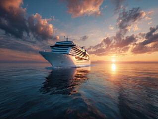 Large Luxury Cruise Ship Sailing at Sunset Over Calm Ocean Waves, Sea travel