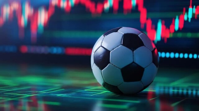 Soccer ball rests on futuristic touch screen displaying live stock market data with fluctuating graph lines - Powered by Adobe