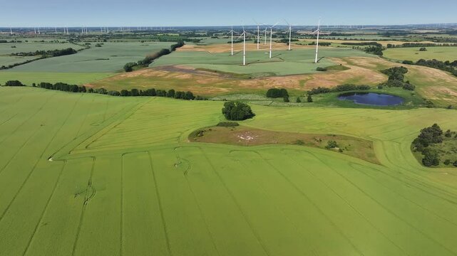 Aerial view of wind turbines and fields, Germany.