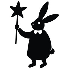 Cute black silhouette of a bunny holding a magic wand with a star