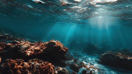 Beautiful undersea view of coral formations and sunlight shines through water