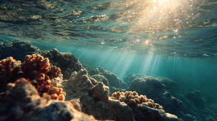 Fototapeta premium Underwater view of coral reef illuminated by sunlight through the ocean surface