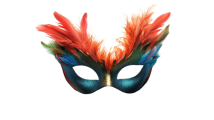 Colorful feathered masquerade mask adorned with vibrant hues for a festive celebration of mystery and intrigue during the carnival season on transparent background