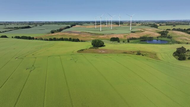 Aerial view of wind turbines in fields, Germany.