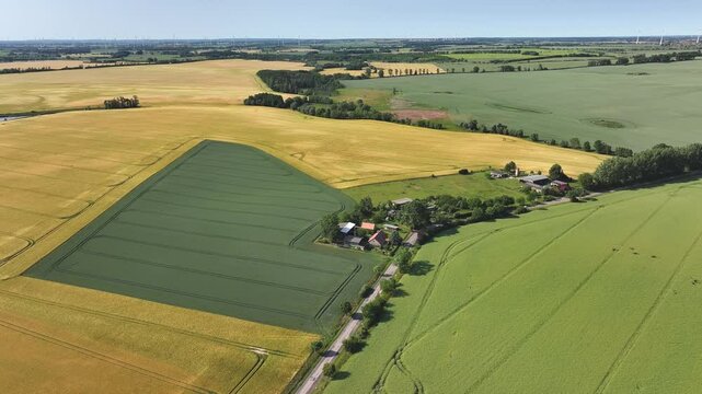 Aerial view of fields and farmhouses, Germany.
