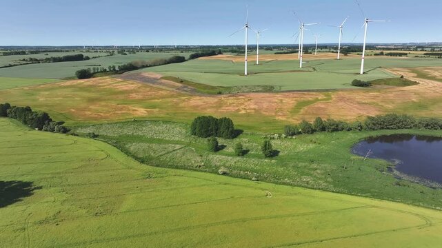 Aerial view of wind turbines in field, Germany.