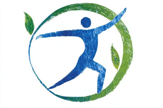 Dynamic Blue Figure in Action Surrounded by Green Leaves, Representing Health, Wellness, and Nature in a Vibrant and Energetic Design
