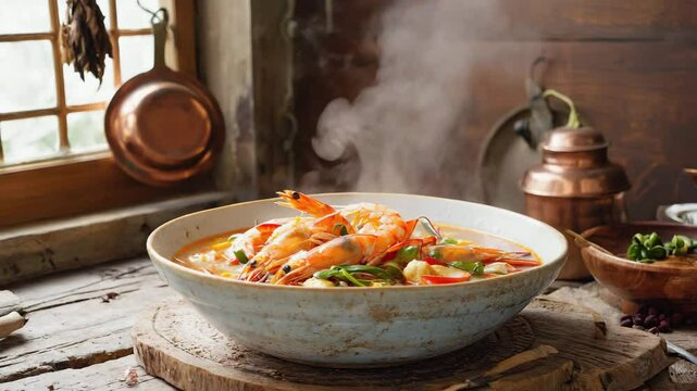 Peruvian chupe de camarones, shrimp chowder served in a rustic bowl with rice, vibrant colors and rich textures
